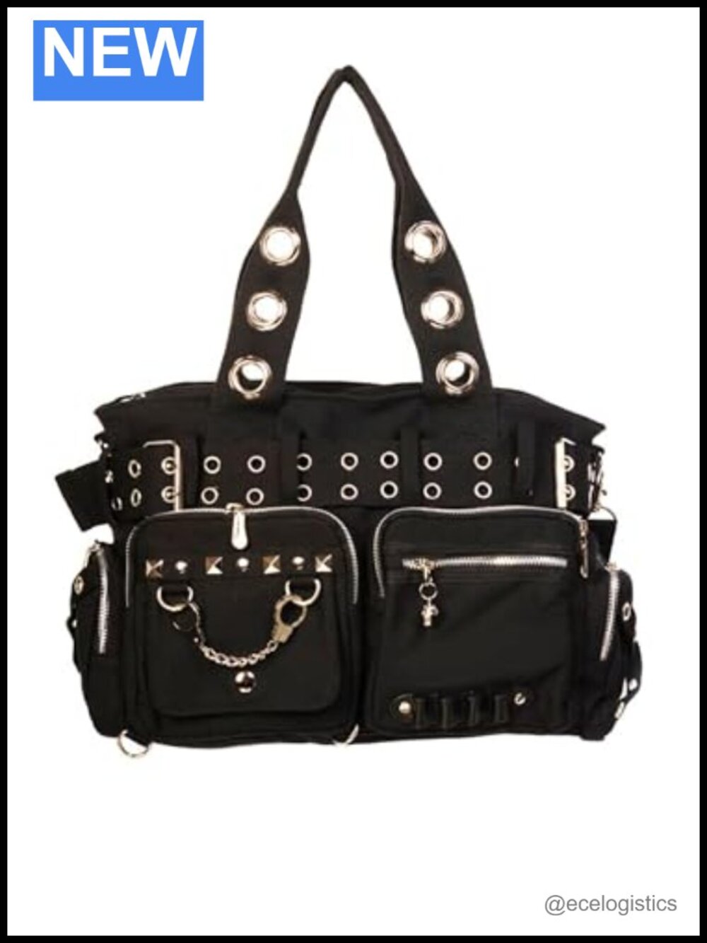 Goth Punk Black Handbag with Skull Charm - Large Hobo Shoulder Bag with